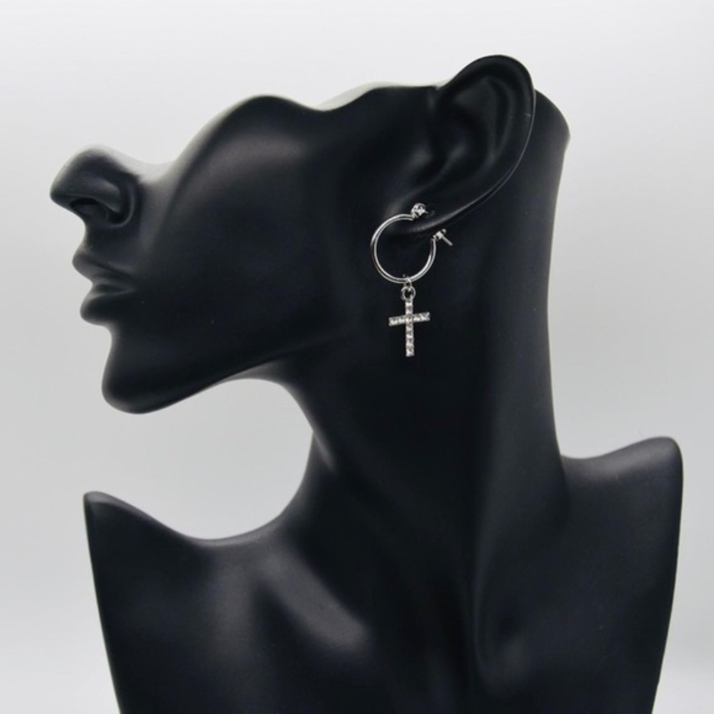 Silver Cross Hoops – Minimalist Rhinestone Earrings, Dainty Christian Jewelry - Picture 4 of 4